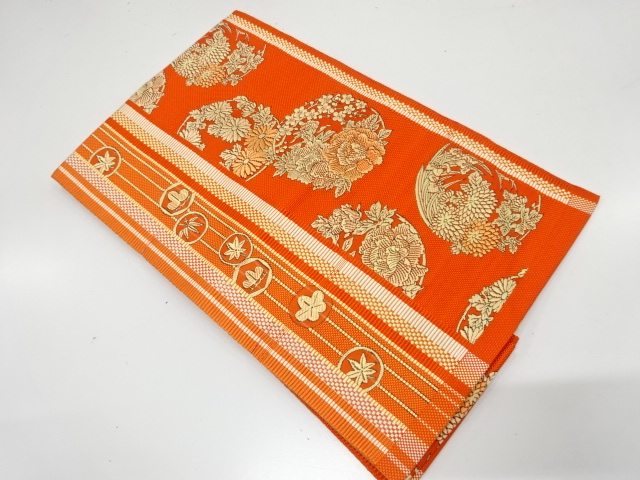 JAPANESE NAGOYA OBI / UNUSED / CHIKUZEN HAKATA / WOVEN FLOWER ROUNDEL